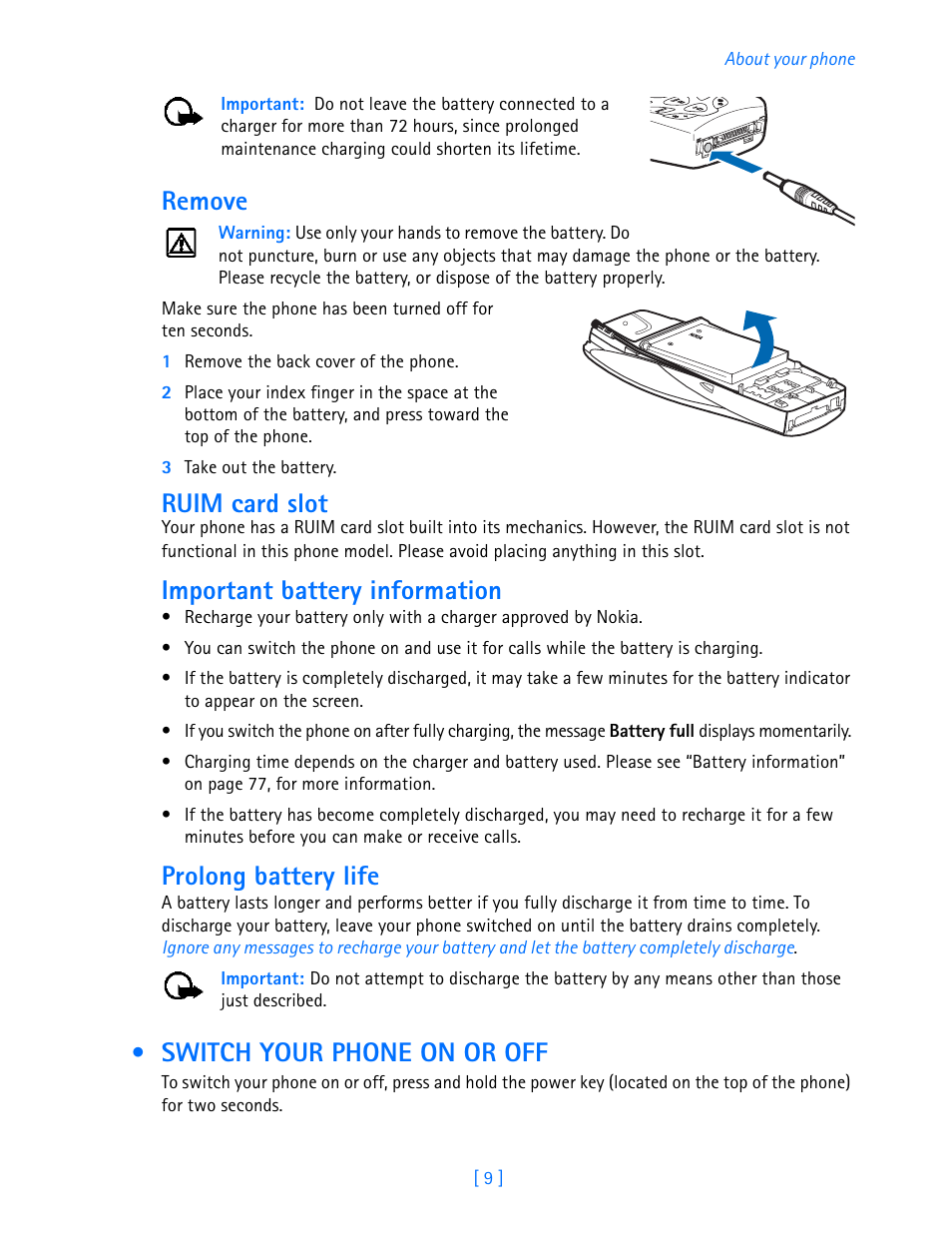 Switch your phone on or off, Remove, Ruim card slot | Important battery information, Prolong battery life | Nokia 3586I User Manual | Page 14 / 103