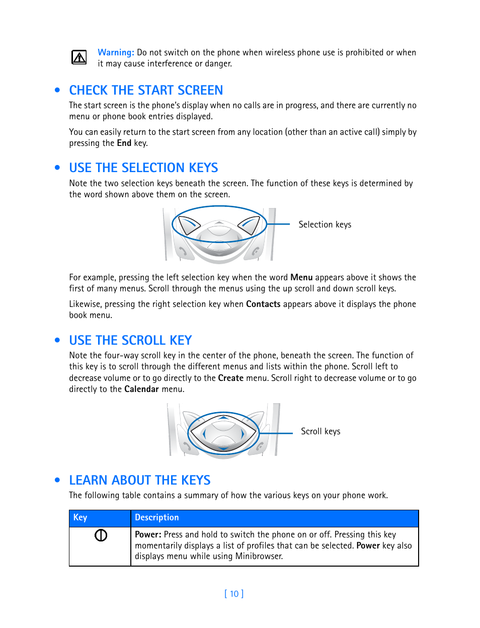 Check the start screen, Use the selection keys, Use the scroll key | Learn about the keys | Nokia 3586I User Manual | Page 15 / 103