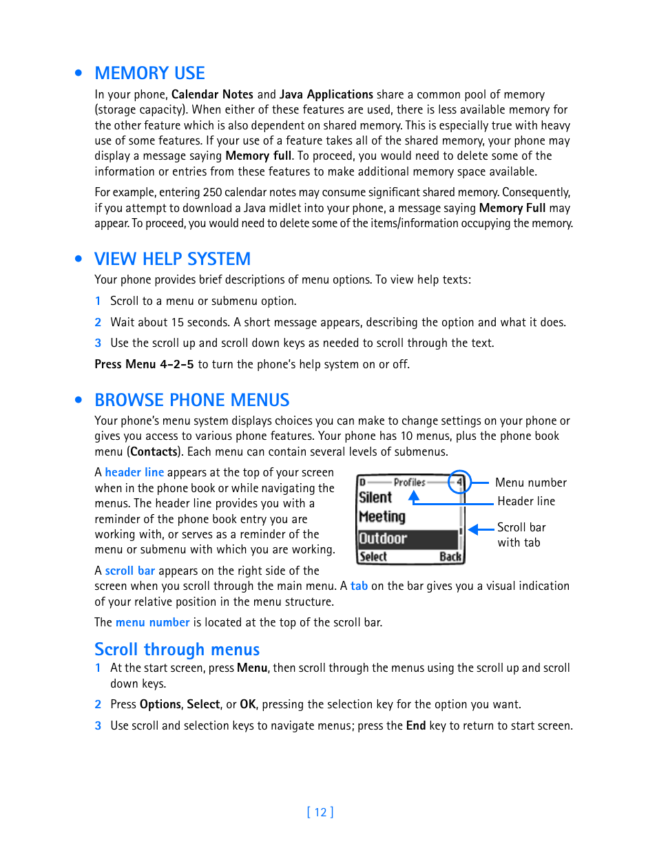 Memory use, View help system, Browse phone menus | Memory use view help system browse phone menus, Scroll through menus | Nokia 3586I User Manual | Page 17 / 103