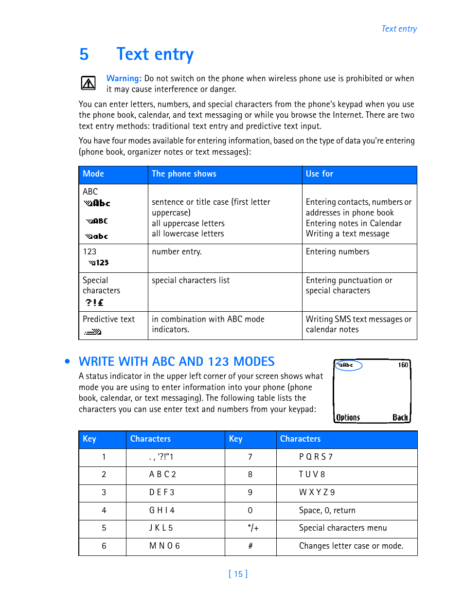 5 text entry, Write with abc and 123 modes, Text entry | 5text entry | Nokia 3586I User Manual | Page 20 / 103