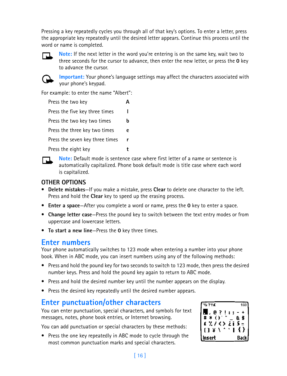 Enter numbers, Enter punctuation/other characters | Nokia 3586I User Manual | Page 21 / 103