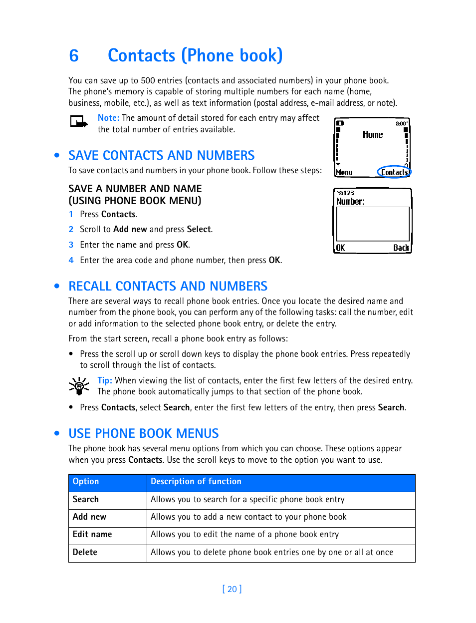 6 contacts (phone book), Save contacts and numbers, Recall contacts and numbers | Use phone book menus, Contacts (phone book), 6contacts (phone book) | Nokia 3586I User Manual | Page 25 / 103