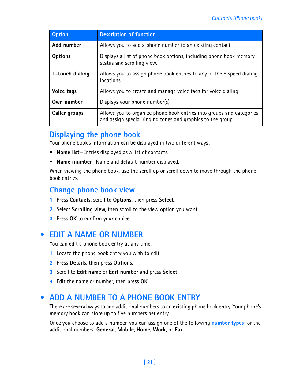 Edit a name or number, Add a number to a phone book entry, Displaying the phone book | Change phone book view | Nokia 3586I User Manual | Page 26 / 103