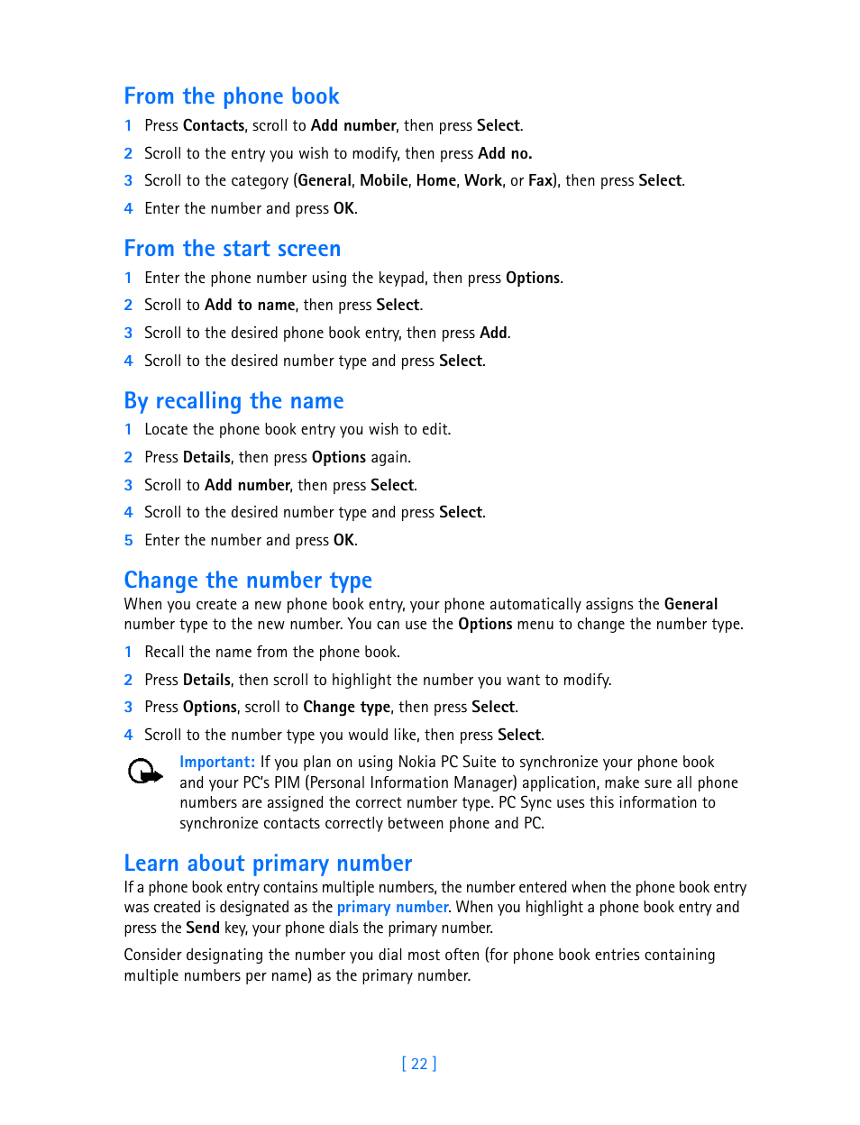 By recalling the name, Change the number type, Learn about primary number | Nokia 3586I User Manual | Page 27 / 103