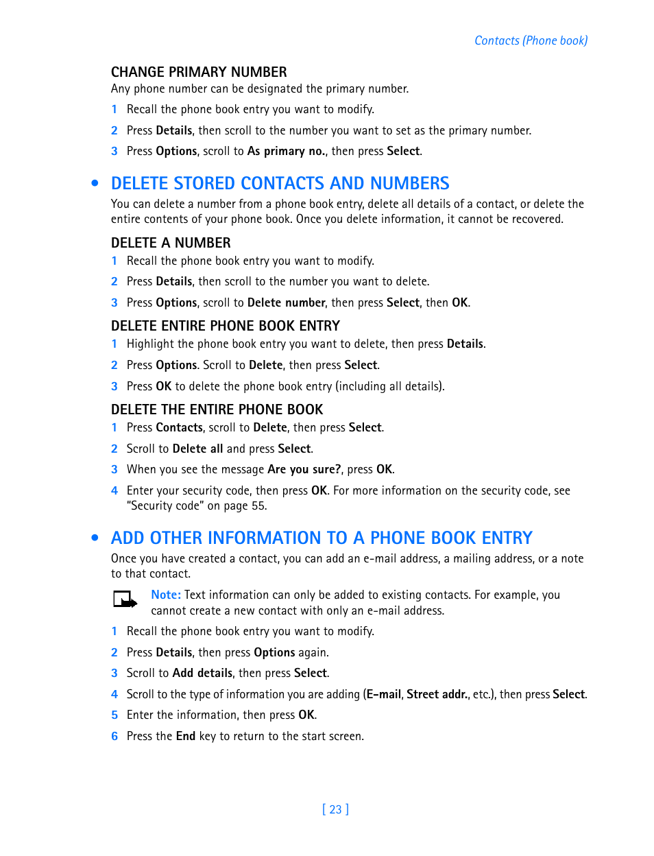 Delete stored contacts and numbers, Add other information to a phone book entry, Phone book entry | Nokia 3586I User Manual | Page 28 / 103