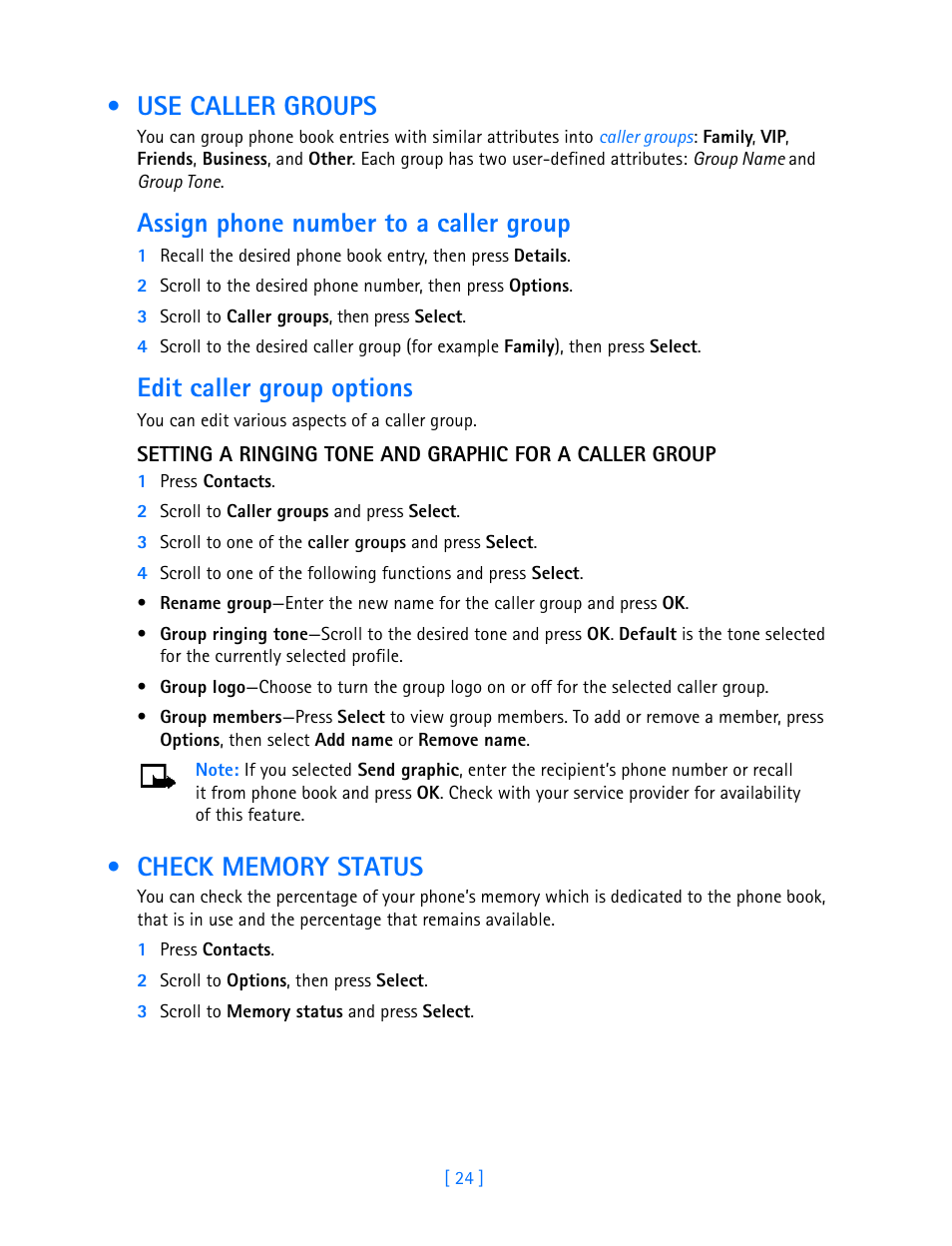 Use caller groups, Check memory status, Use caller groups check memory status | Assign phone number to a caller group, Edit caller group options | Nokia 3586I User Manual | Page 29 / 103