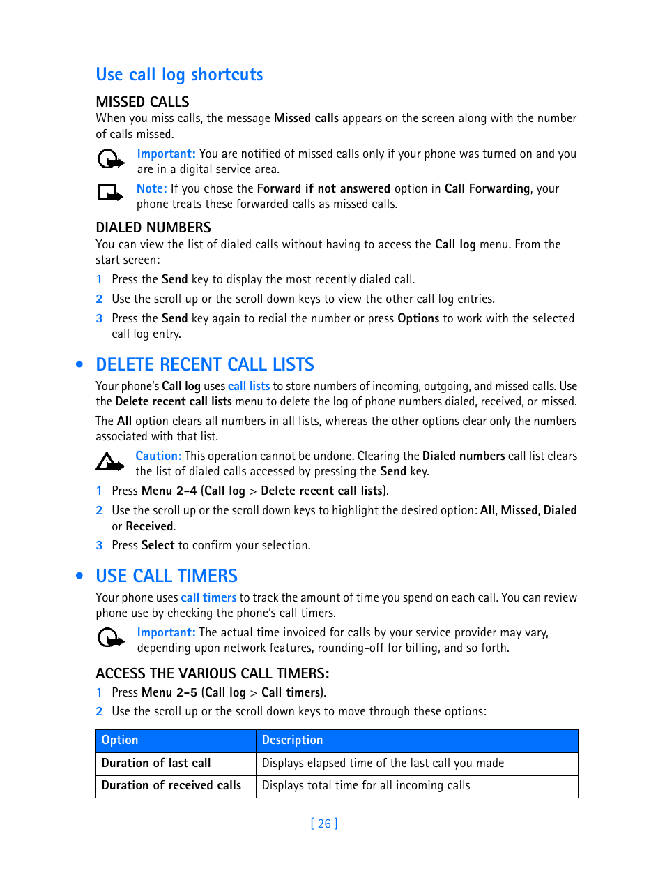 Delete recent call lists, Use call timers, Delete recent call lists use call timers | Use call log shortcuts | Nokia 3586I User Manual | Page 31 / 103