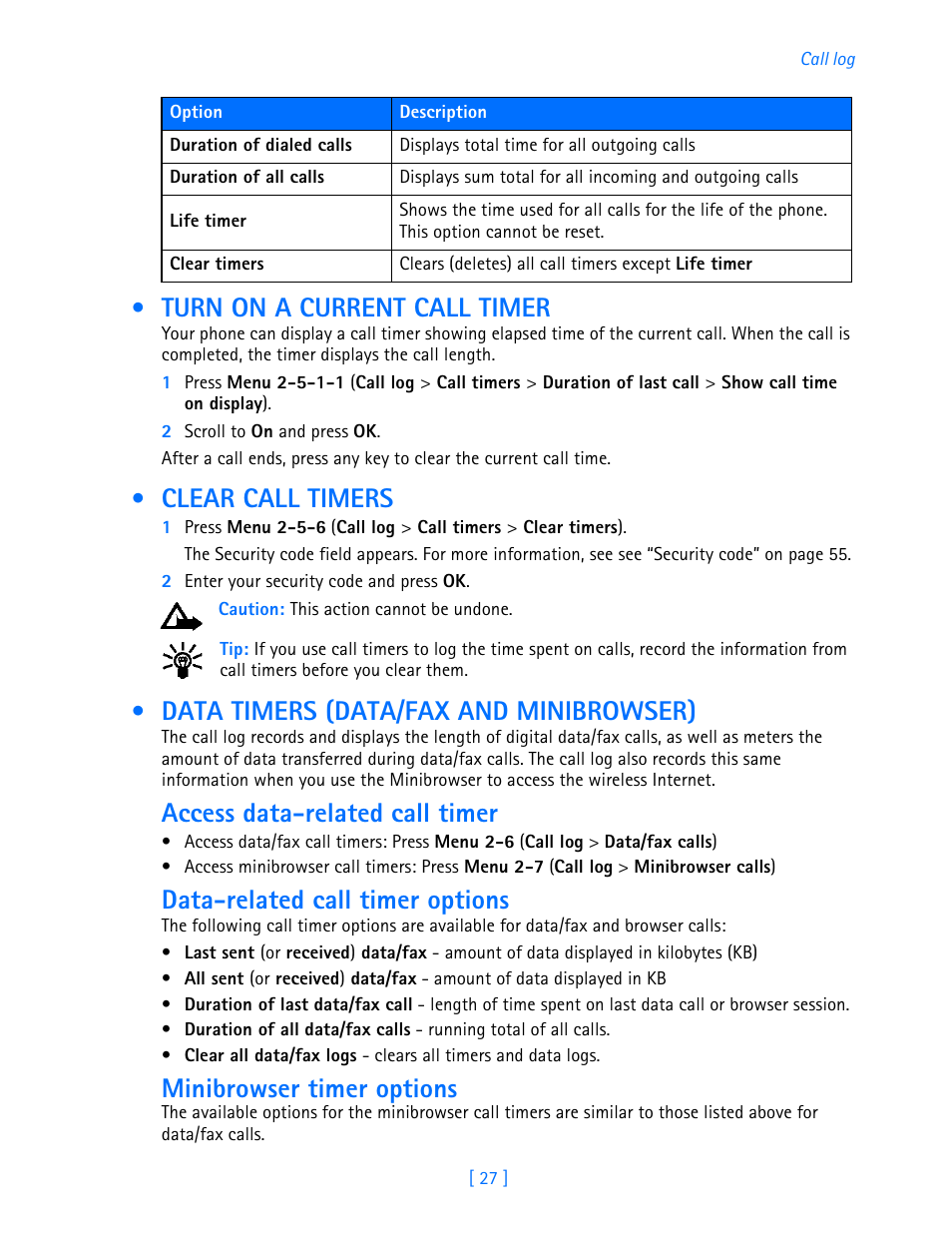 Turn on a current call timer, Clear call timers, Data timers (data/fax and minibrowser) | Minibrowser), Access data-related call timer, Data-related call timer options, Minibrowser timer options | Nokia 3586I User Manual | Page 32 / 103