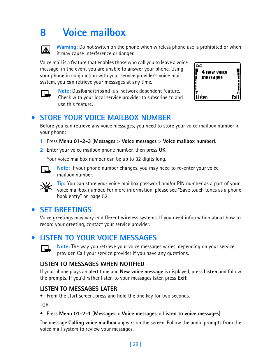 8 voice mailbox, Store your voice mailbox number, Set greetings | Listen to your voice messages, Voice mailbox, 8voice mailbox | Nokia 3586I User Manual | Page 33 / 103