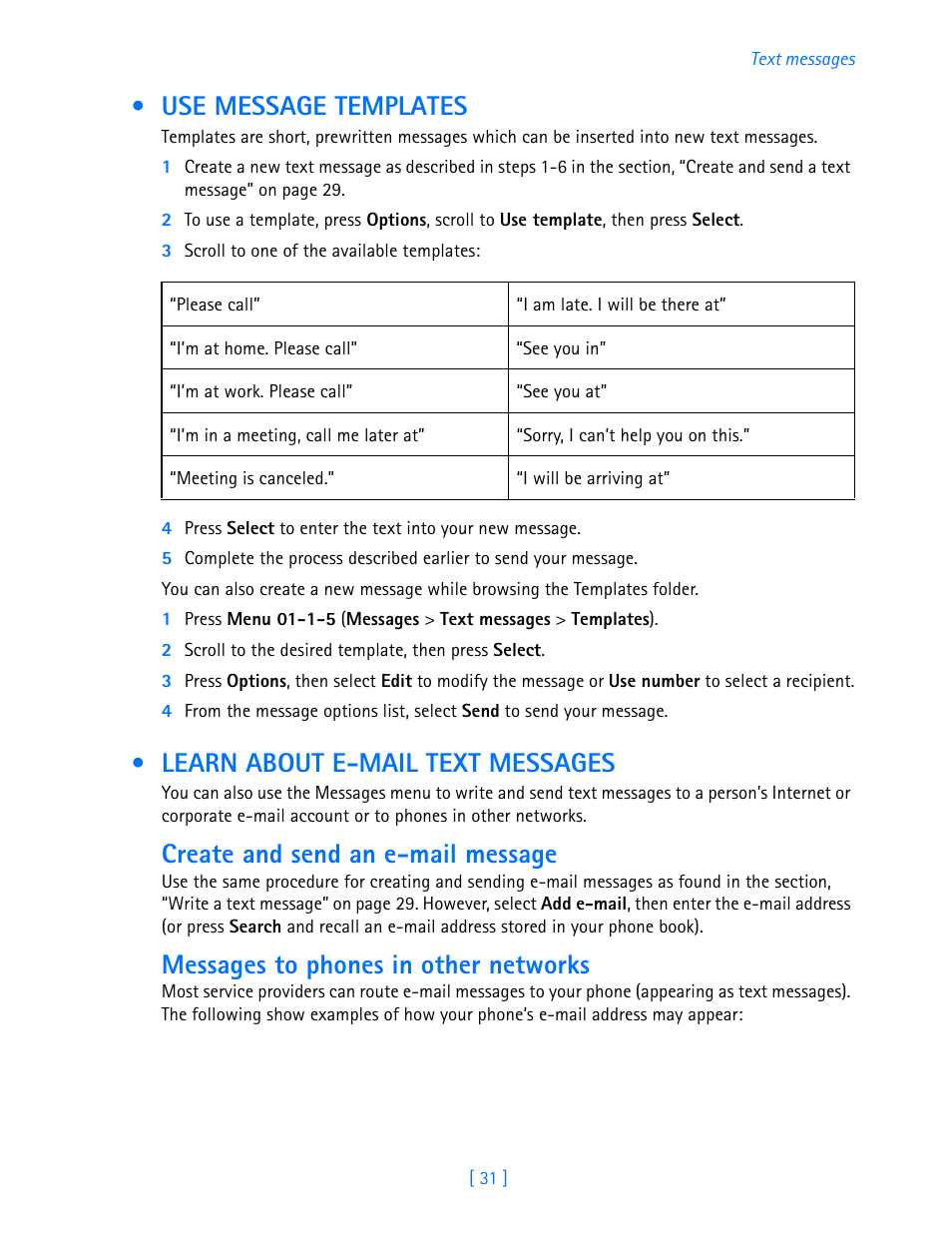 Use message templates, Learn about e-mail text messages, Create and send an e-mail message | Messages to phones in other networks | Nokia 3586I User Manual | Page 36 / 103