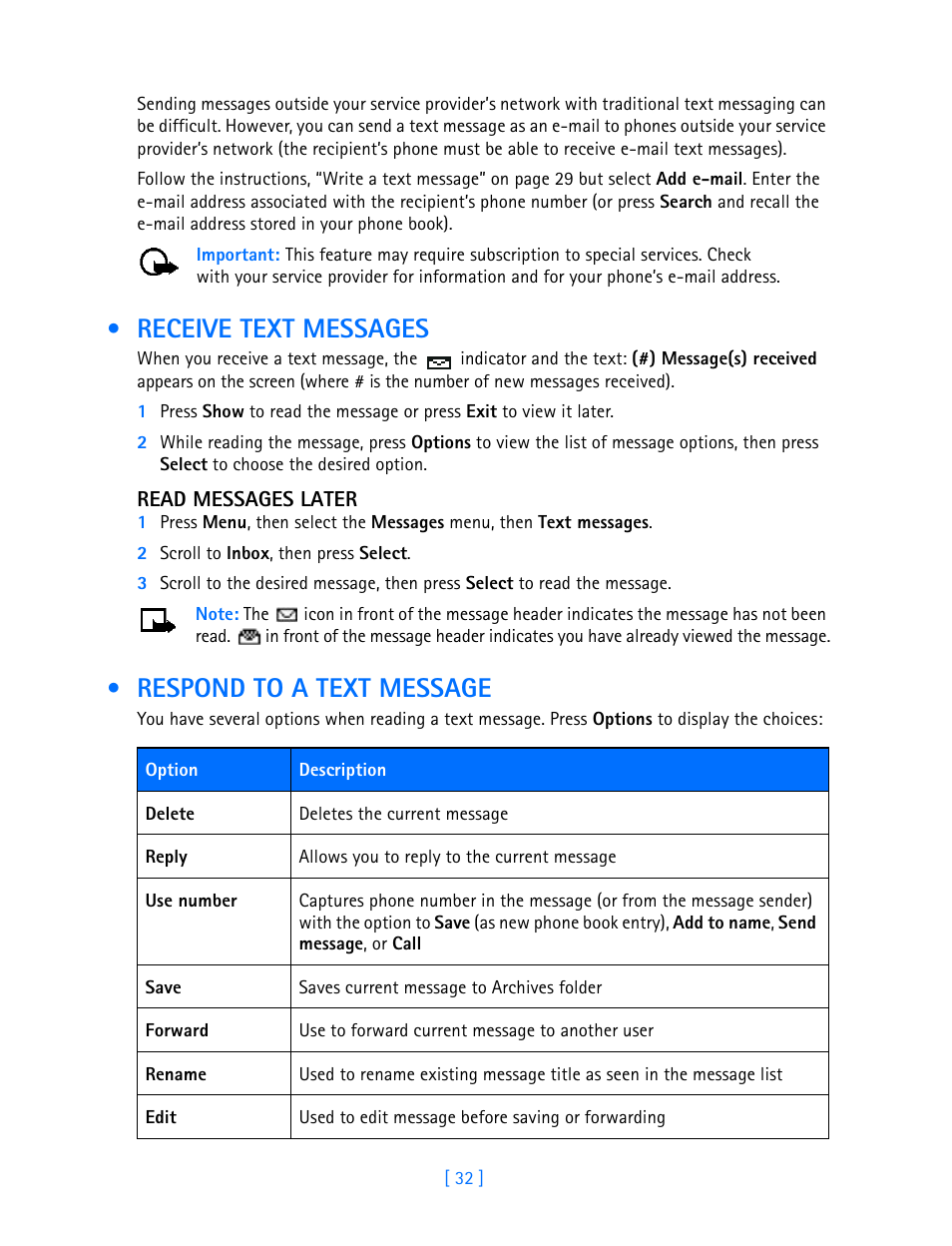 Receive text messages, Respond to a text message, Receive text messages respond to a text message | Nokia 3586I User Manual | Page 37 / 103
