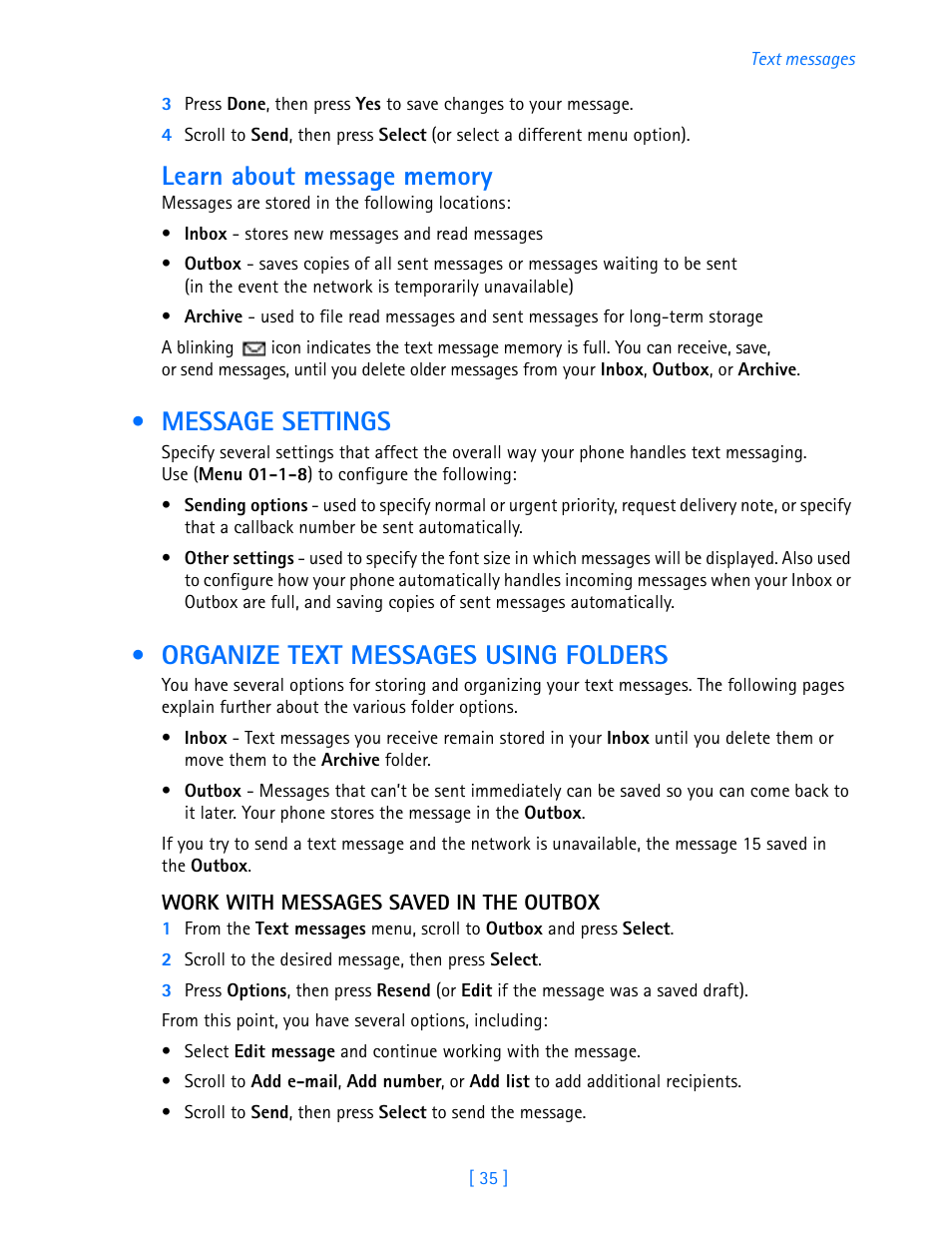 Message settings, Organize text messages using folders | Nokia 3586I User Manual | Page 40 / 103