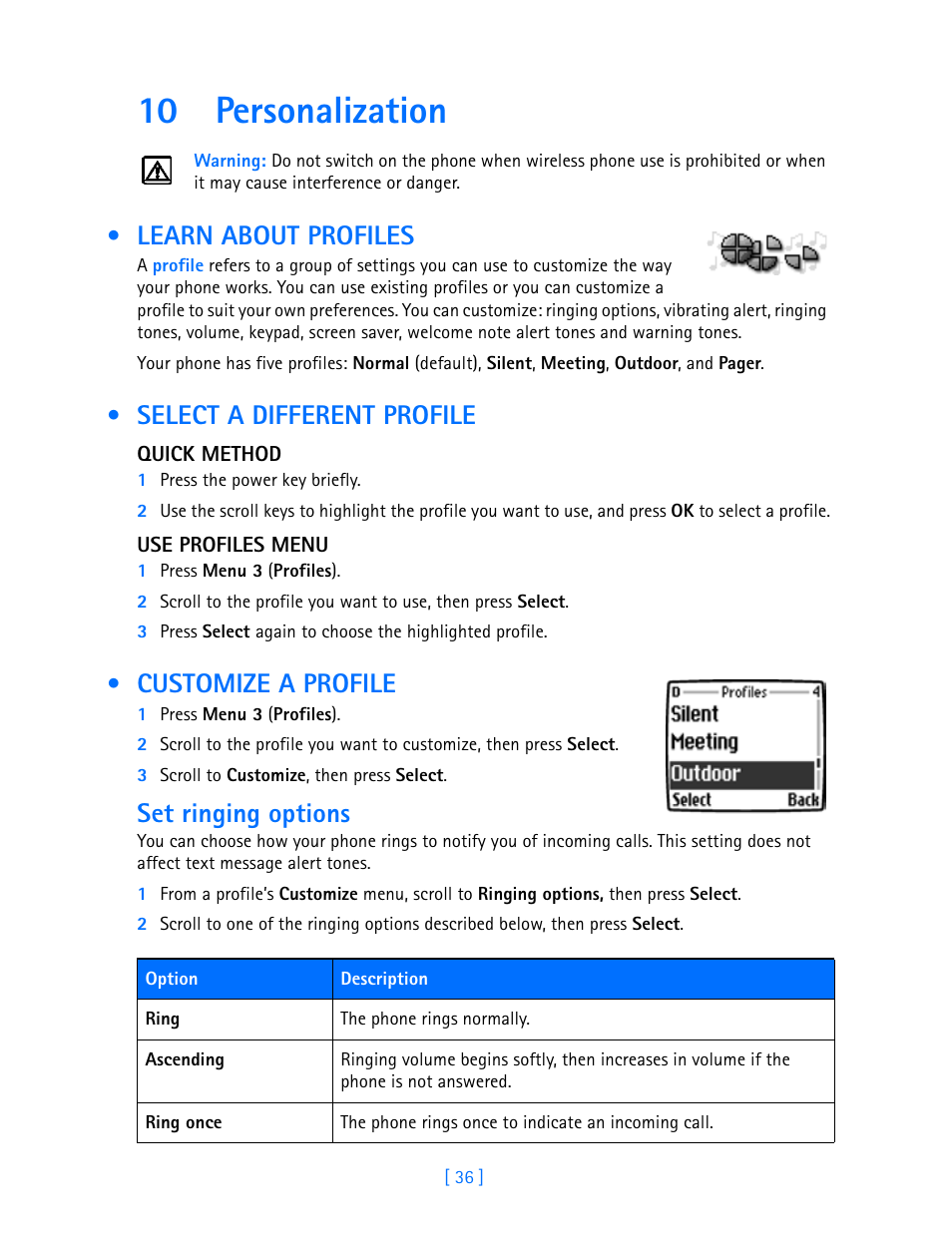 10 personalization, Learn about profiles, Select a different profile | Customize a profile, Personalization, Set ringing options | Nokia 3586I User Manual | Page 41 / 103