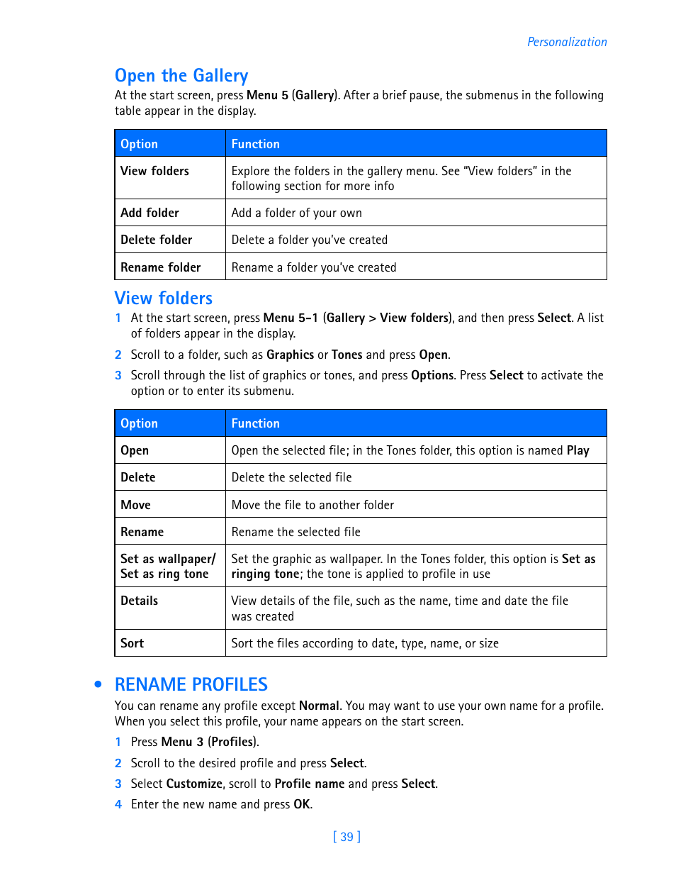 Rename profiles, Open the gallery, View folders | Nokia 3586I User Manual | Page 44 / 103
