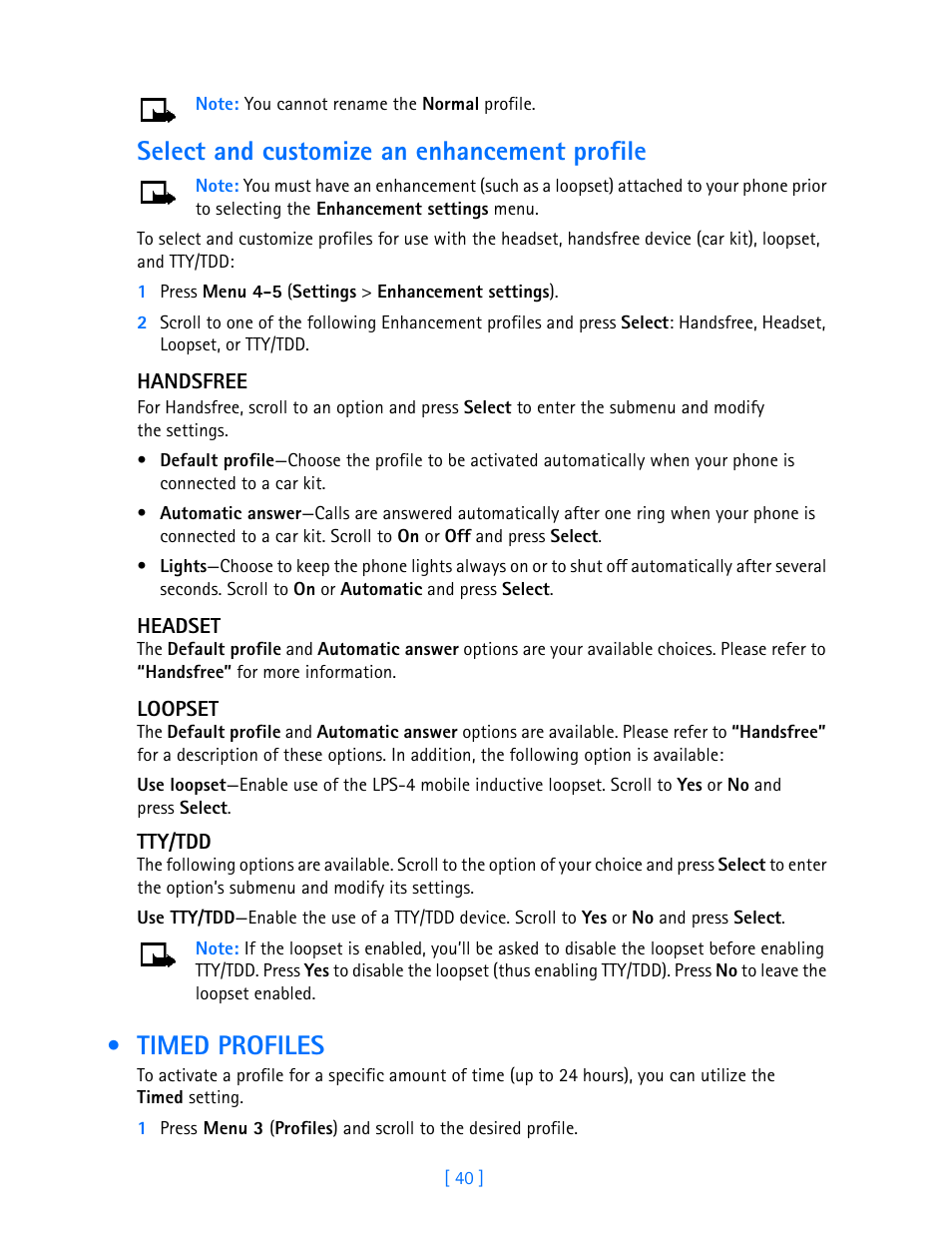 Timed profiles, Select and customize an enhancement profile | Nokia 3586I User Manual | Page 45 / 103