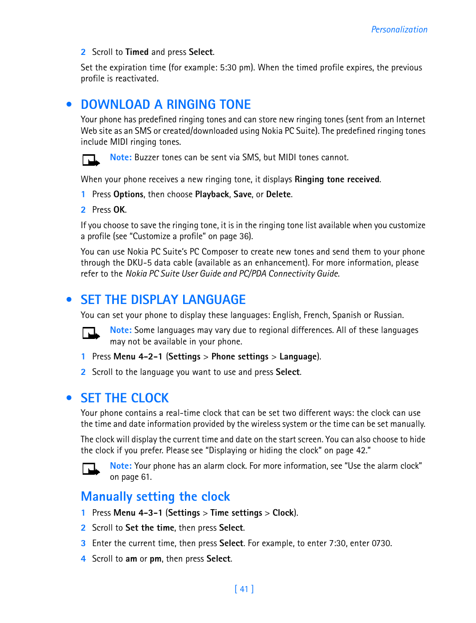 Download a ringing tone, Set the display language, Set the clock | Manually setting the clock | Nokia 3586I User Manual | Page 46 / 103