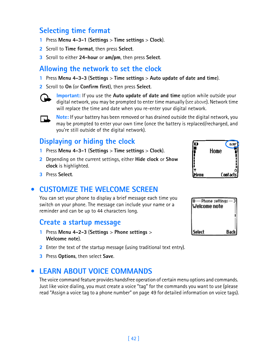 Customize the welcome screen, Learn about voice commands, Selecting time format | Allowing the network to set the clock, Displaying or hiding the clock, Create a startup message | Nokia 3586I User Manual | Page 47 / 103