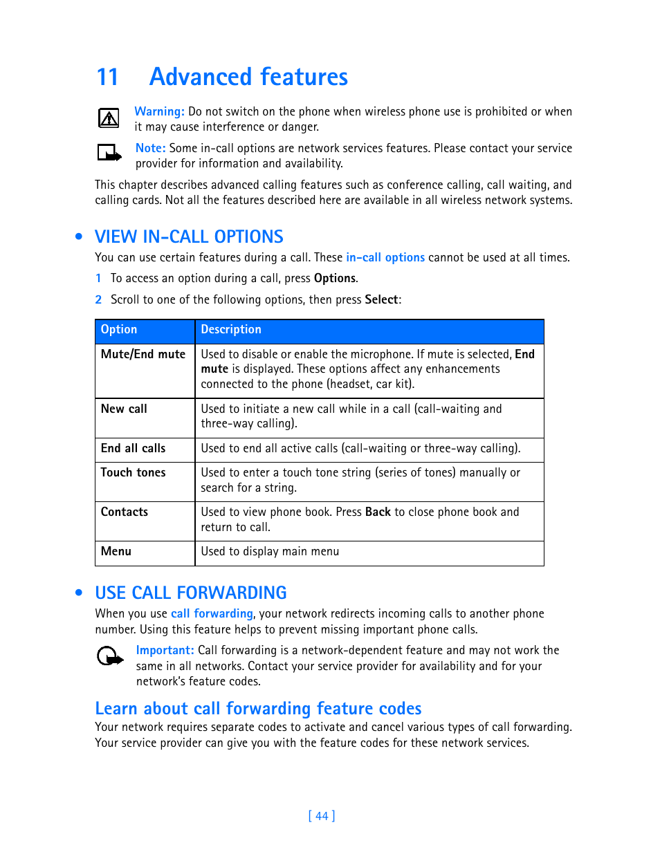 11 advanced features, View in-call options, Use call forwarding | Advanced features, View in-call options use call forwarding, Learn about call forwarding feature codes | Nokia 3586I User Manual | Page 49 / 103