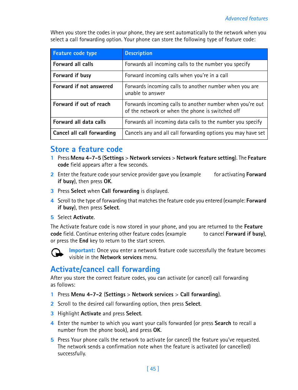 Store a feature code, Activate/cancel call forwarding | Nokia 3586I User Manual | Page 50 / 103