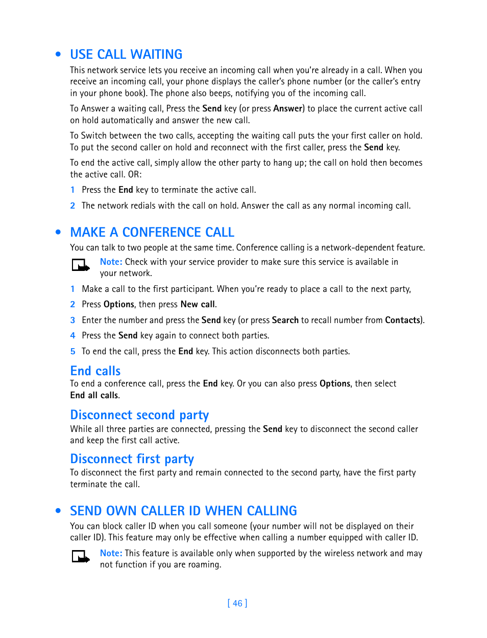 Use call waiting, Make a conference call, Send own caller id when calling | End calls, Disconnect second party, Disconnect first party | Nokia 3586I User Manual | Page 51 / 103