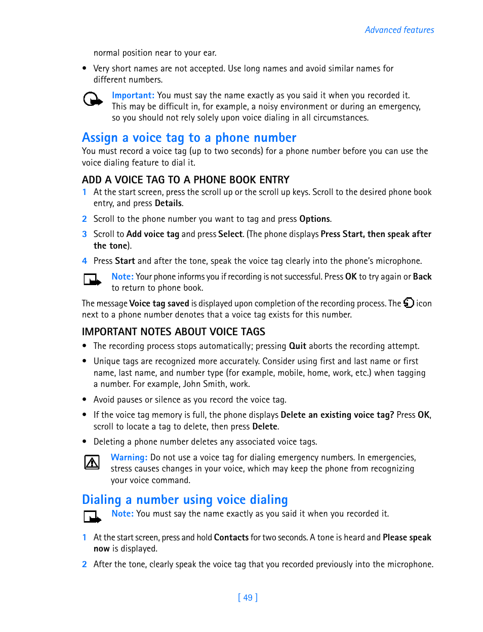 Assign a voice tag to a phone number, Dialing a number using voice dialing | Nokia 3586I User Manual | Page 54 / 103
