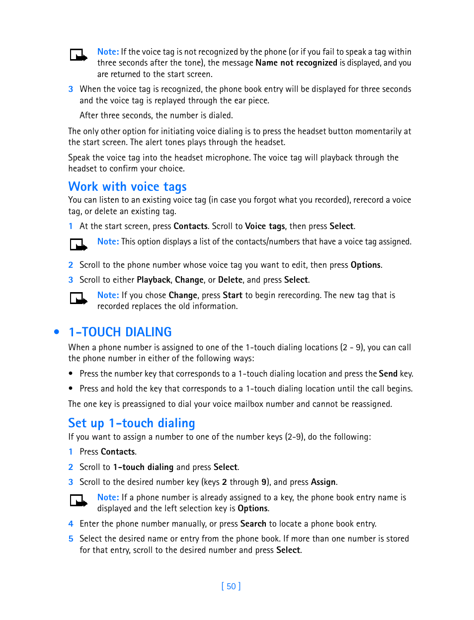 Touch dialing, Work with voice tags, Set up 1-touch dialing | Nokia 3586I User Manual | Page 55 / 103