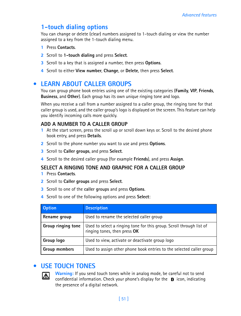Learn about caller groups, Use touch tones, Learn about caller groups use touch tones | Touch dialing options | Nokia 3586I User Manual | Page 56 / 103