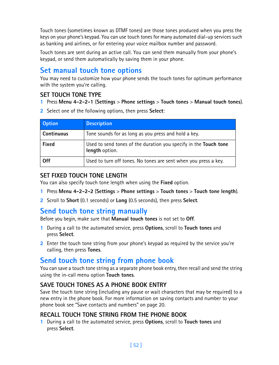 Set manual touch tone options, Send touch tone string manually, Send touch tone string from phone book | Nokia 3586I User Manual | Page 57 / 103