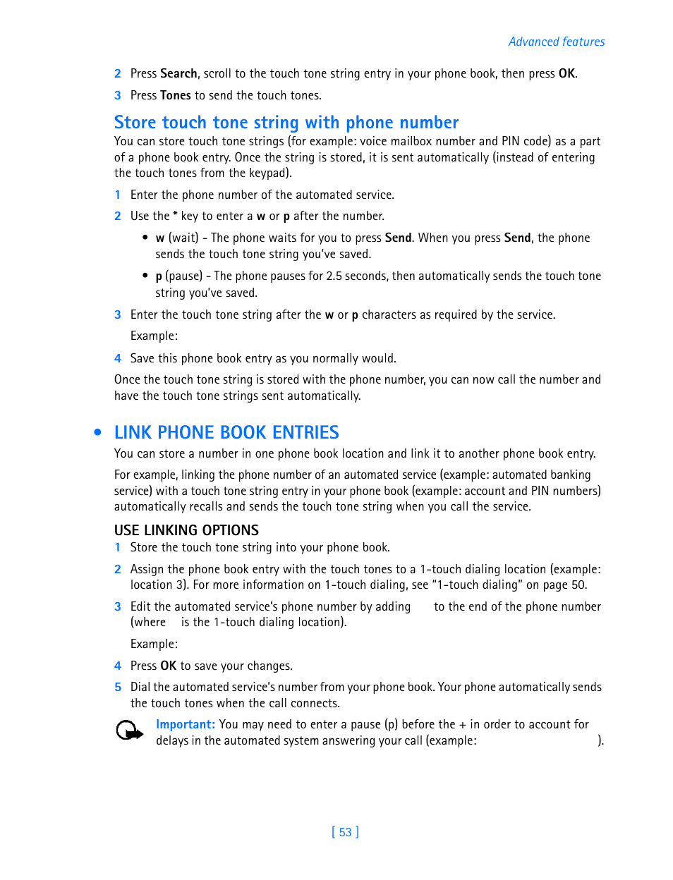 Link phone book entries, Store touch tone string with phone number | Nokia 3586I User Manual | Page 58 / 103