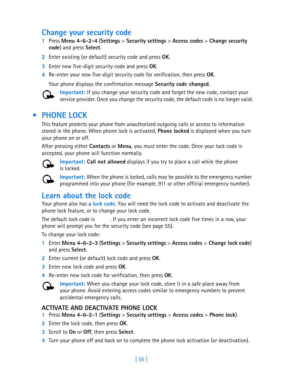 Phone lock, Change your security code, Learn about the lock code | Nokia 3586I User Manual | Page 61 / 103