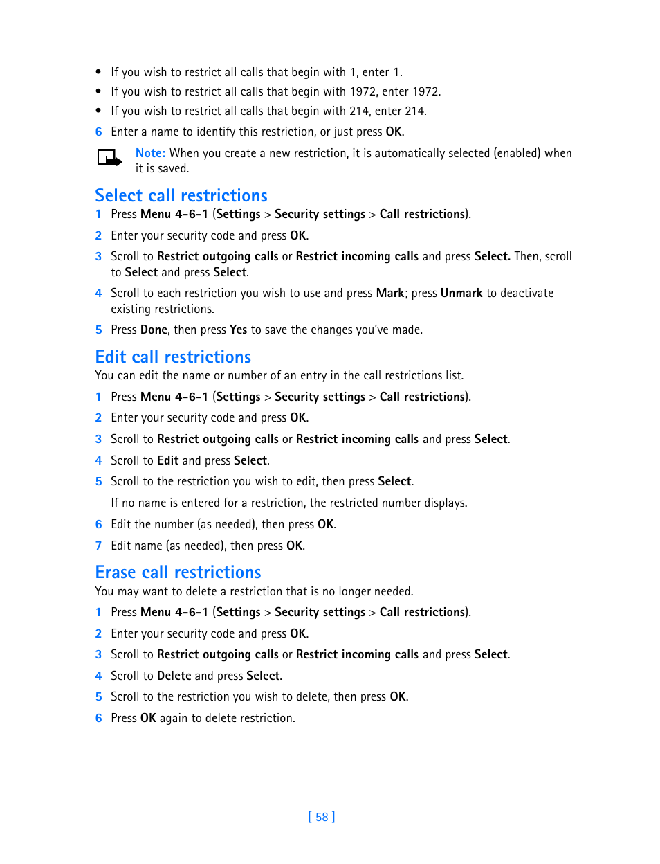 Select call restrictions, Edit call restrictions, Erase call restrictions | Nokia 3586I User Manual | Page 63 / 103