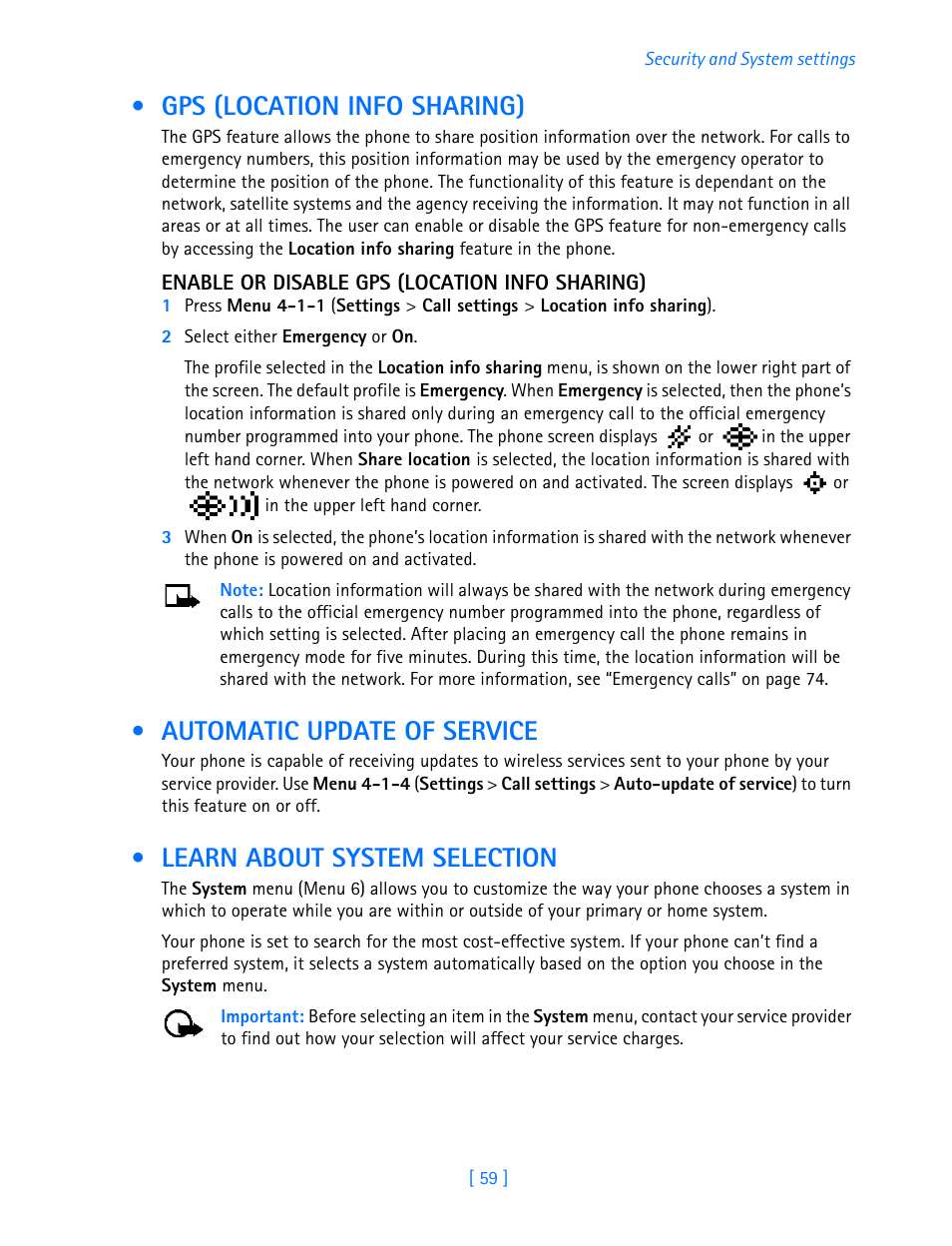 Gps (location info sharing), Automatic update of service, Learn about system selection | Nokia 3586I User Manual | Page 64 / 103