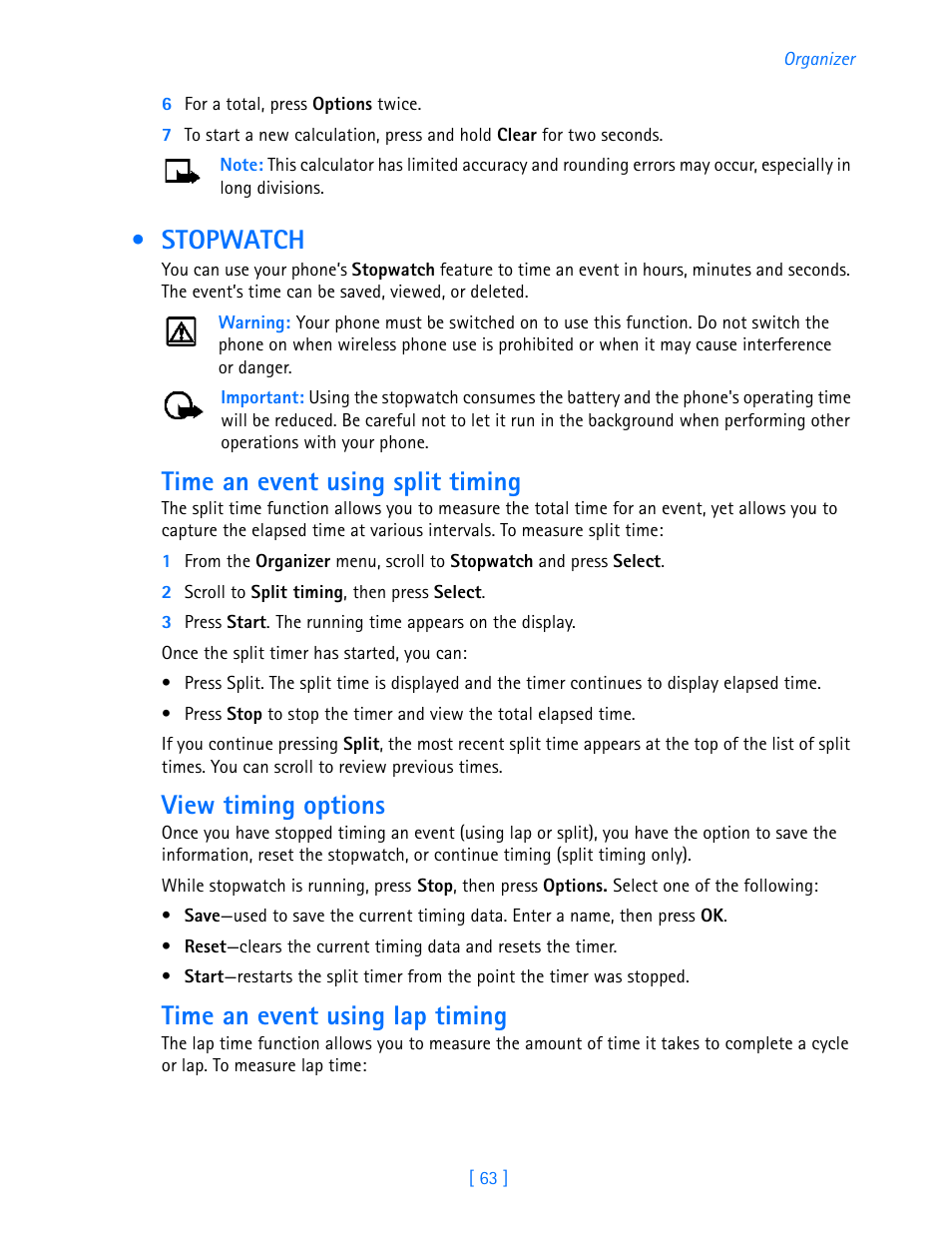 Stopwatch, Time an event using split timing, View timing options | Time an event using lap timing | Nokia 3586I User Manual | Page 68 / 103