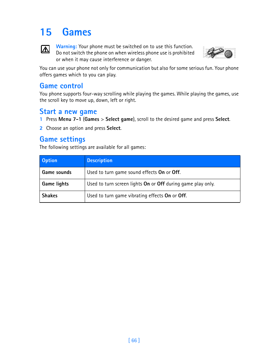 15 games, Games, Game control | Start a new game, Game settings | Nokia 3586I User Manual | Page 71 / 103