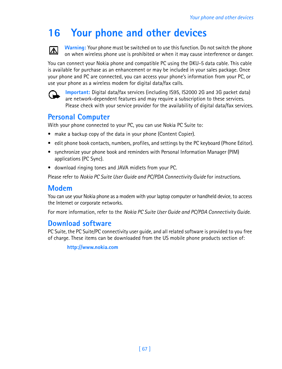 16 your phone and other devices, Your phone and other devices, Personal computer | Modem, Download software | Nokia 3586I User Manual | Page 72 / 103