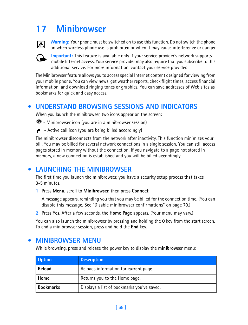 17 minibrowser, Understand browsing sessions and indicators, Launching the minibrowser | Minibrowser menu, Minibrowser, Understand browsing sessions, And indicators, Launching the minibrowser minibrowser menu | Nokia 3586I User Manual | Page 73 / 103