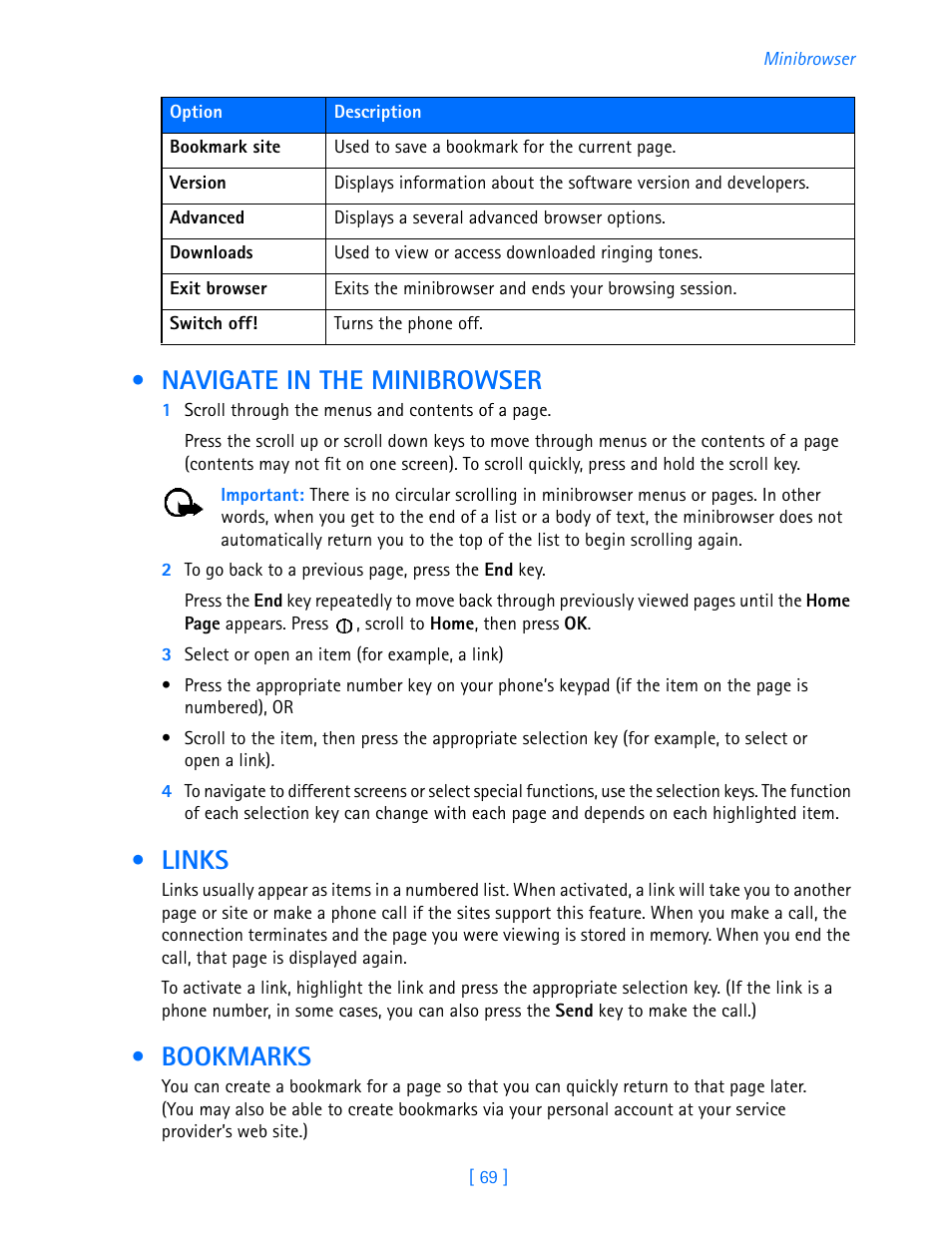 Navigate in the minibrowser, Links, Bookmarks | Navigate in the minibrowser links bookmarks | Nokia 3586I User Manual | Page 74 / 103