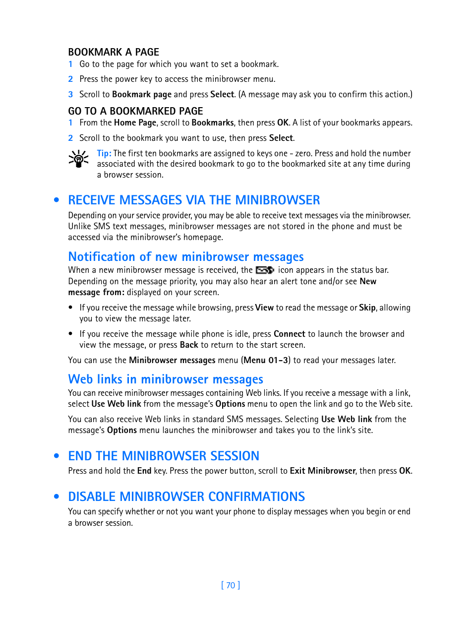 Receive messages via the minibrowser, End the minibrowser session, Disable minibrowser confirmations | Notification of new minibrowser messages, Web links in minibrowser messages | Nokia 3586I User Manual | Page 75 / 103