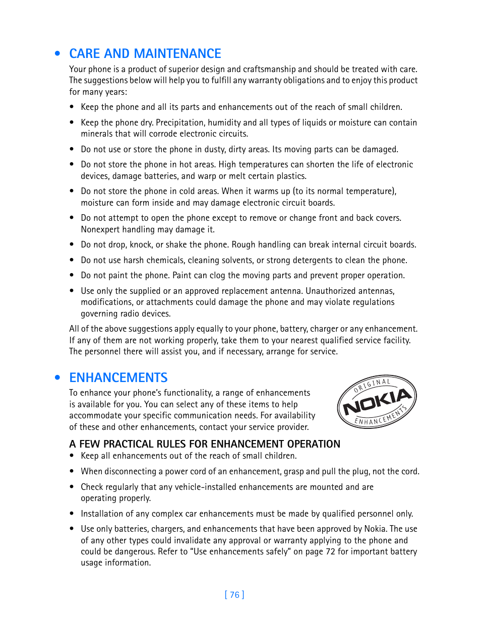 Care and maintenance, Enhancements, Care and maintenance enhancements | Nokia 3586I User Manual | Page 81 / 103