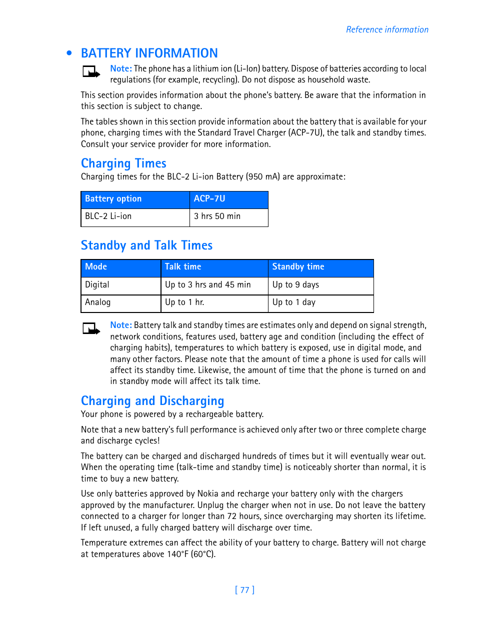 Battery information, Charging times, Standby and talk times | Charging and discharging | Nokia 3586I User Manual | Page 82 / 103