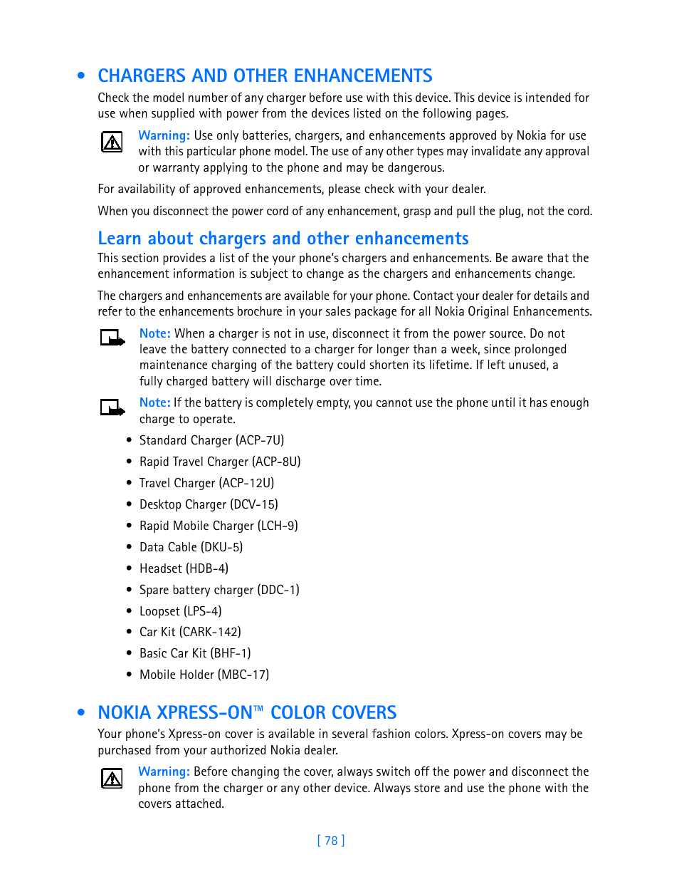 Chargers and other enhancements, Nokia xpress-on™ color covers, Learn about chargers and other enhancements | Nokia 3586I User Manual | Page 83 / 103