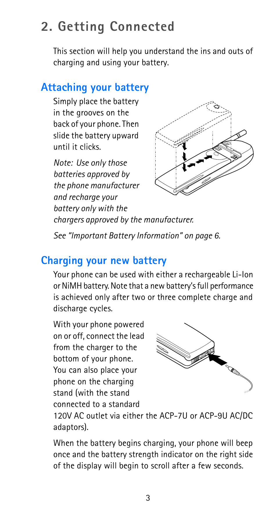 Getting connected, Attaching your battery, Charging your new battery | Attaching your battery charging your new battery | Nokia 6185i User Manual | Page 10 / 129