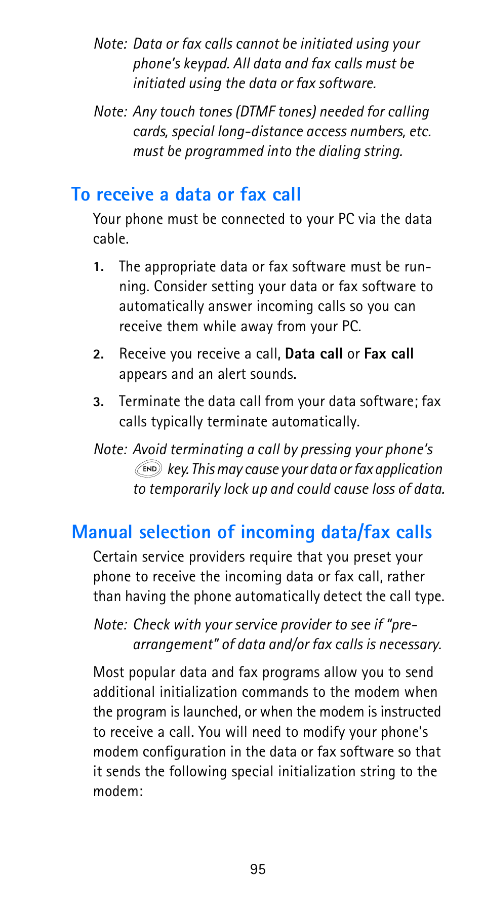 To receive a data or fax call, Manual selection of incoming data/fax calls | Nokia 6185i User Manual | Page 102 / 129