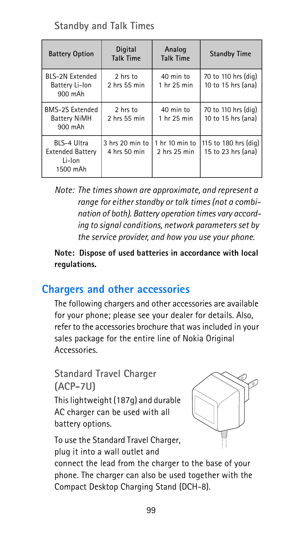 Chargers and other accessories, Standby and talk times, Standard travel charger (acp-7u) | Nokia 6185i User Manual | Page 106 / 129