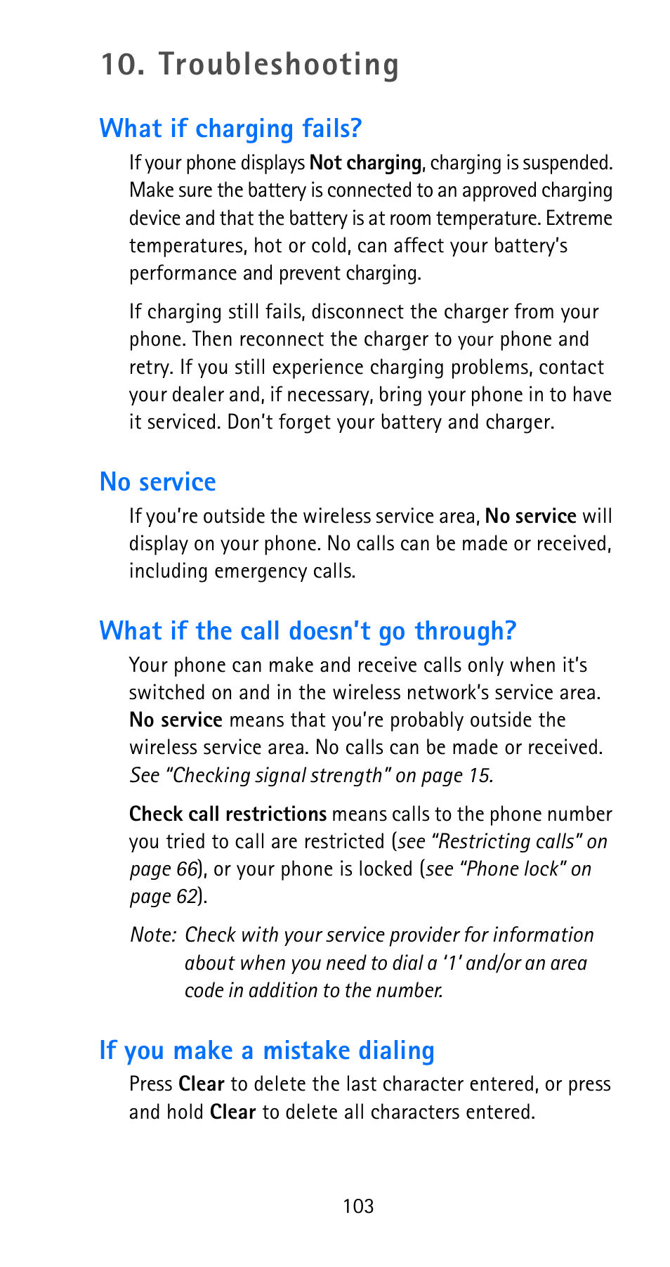 Troubleshooting, What if charging fails, No service | What if the call doesn’t go through, If you make a mistake dialing | Nokia 6185i User Manual | Page 110 / 129