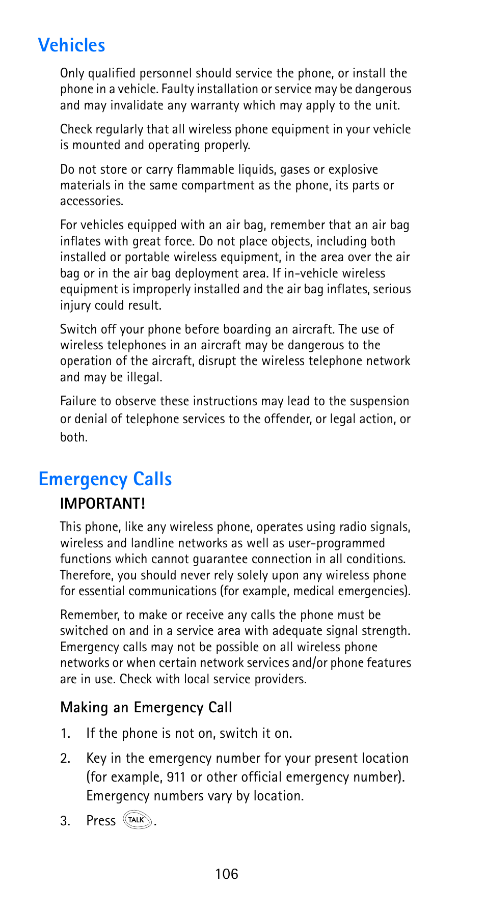 Vehicles, Emergency calls | Nokia 6185i User Manual | Page 113 / 129
