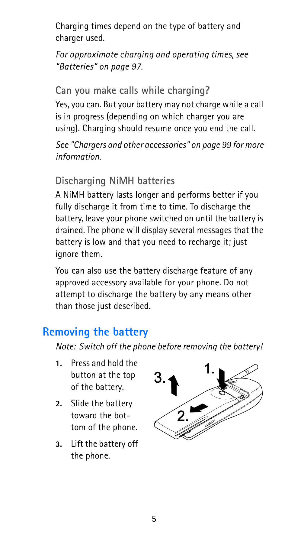 Removing the battery, Can you make calls while charging, Discharging nimh batteries | Nokia 6185i User Manual | Page 12 / 129