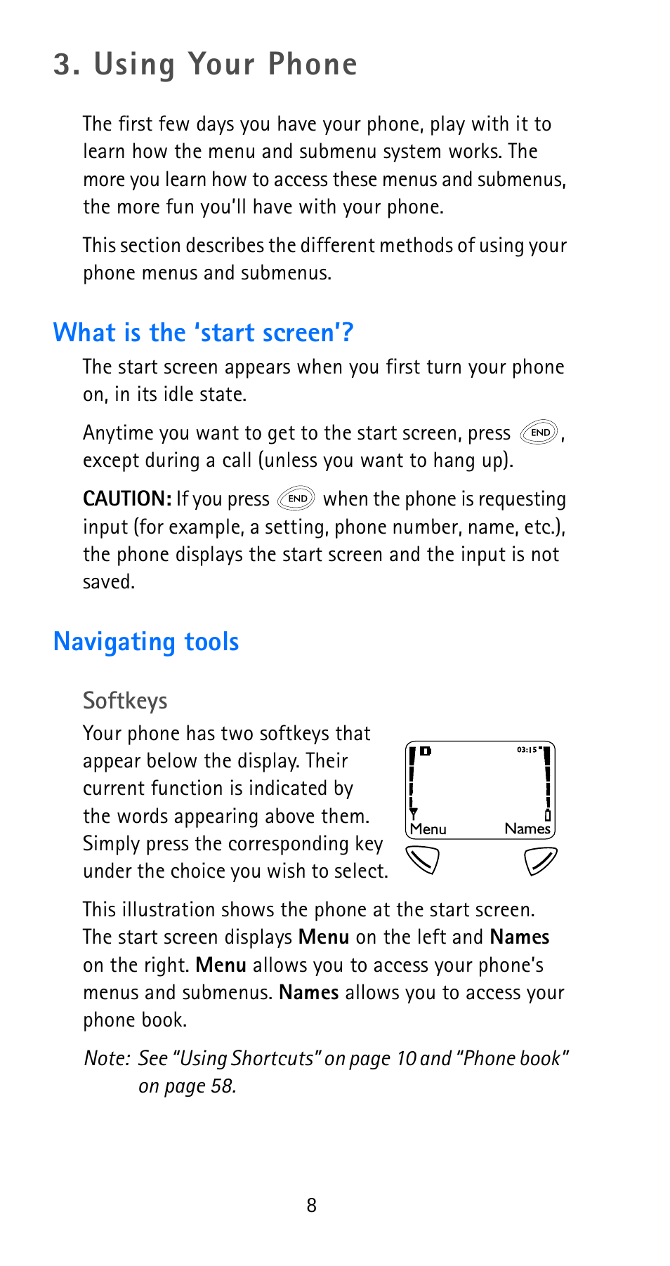 Using your phone, What is the ‘start screen, Navigating tools | What is the ‘start screen’? navigating tools | Nokia 6185i User Manual | Page 15 / 129