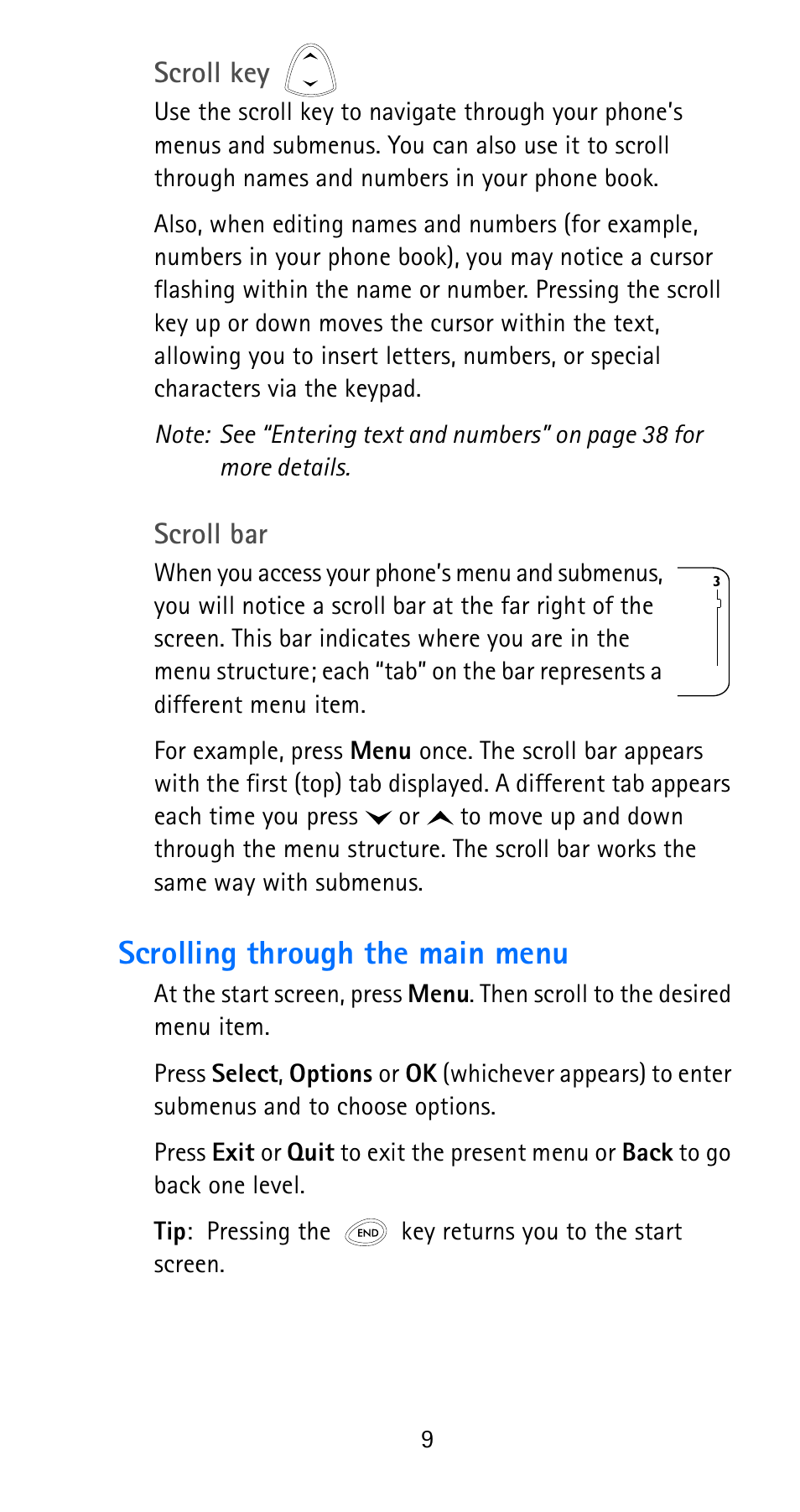 Scrolling through the main menu | Nokia 6185i User Manual | Page 16 / 129