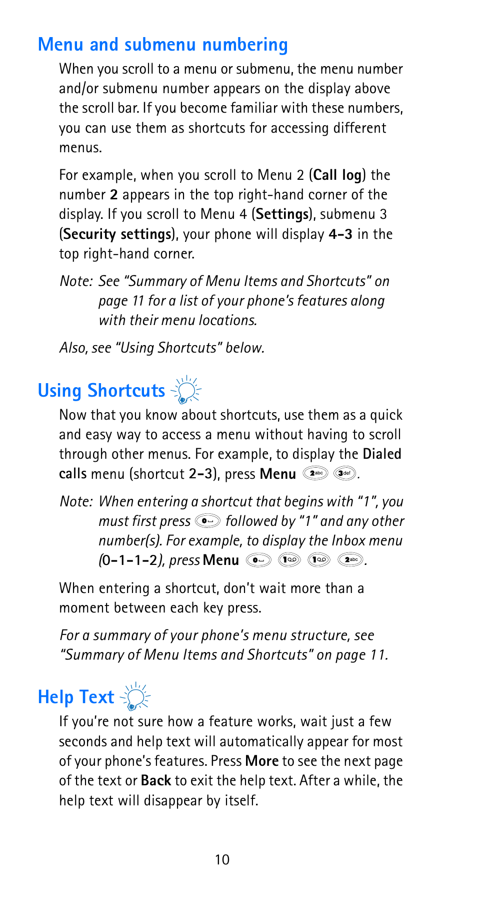 Menu and submenu numbering, Using shortcuts, Help text | Nokia 6185i User Manual | Page 17 / 129